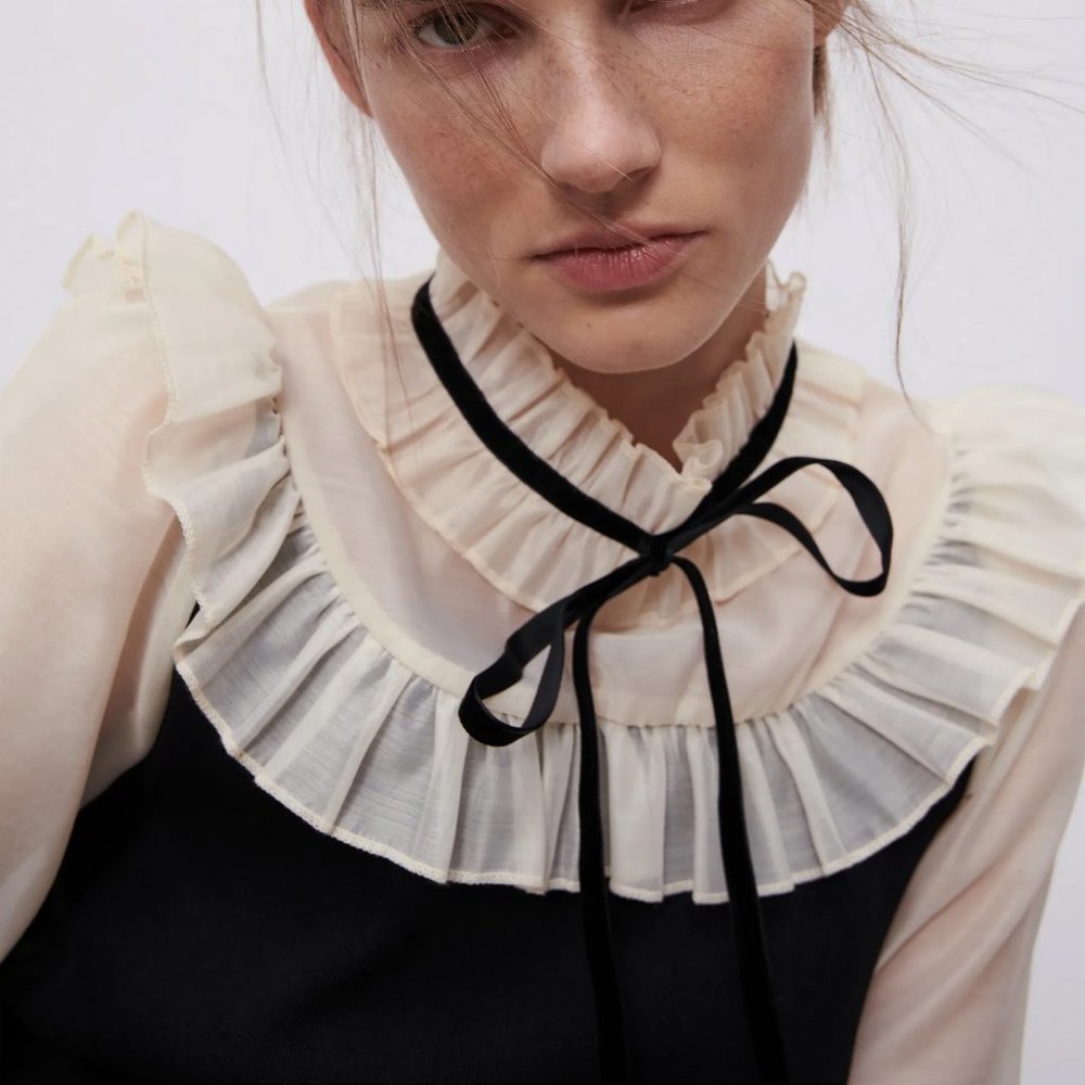NEW Zara Contrasting Organza Ruffle Sweater Top S - Picture 6 of 11